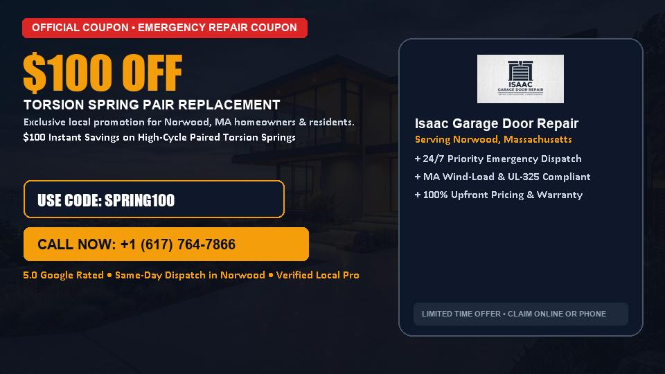 $100 OFF Dual High-Cycle Torsion Spring Replacement in Norwood, MA - Isaac Garage Door Repair